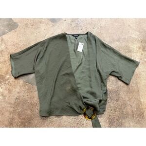 Express Wrap Top Womens XS Olive Green V‎ Neck Tortoise Shell O Ring Side Tie